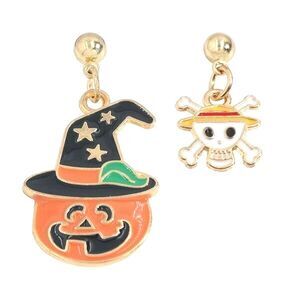 Halloween Mismatched Earrings, Jack O Lantern Witch Hat Skull Crossbones - 1.25"